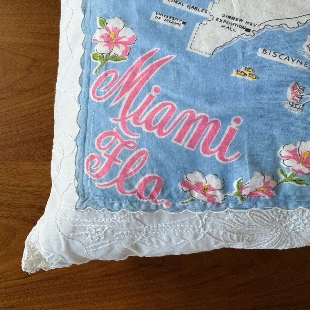 Vintage Miami Florida Handkerchief Pillow Shabby Chic Retro Tropical Decor